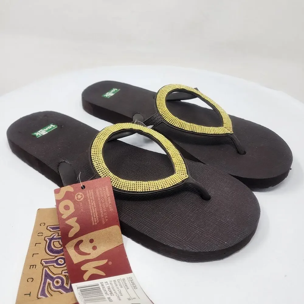 Sanuk Ibiza St. Tropez Flip-Flop Sandals Women 8 Brown Gold Bead Circle 034630